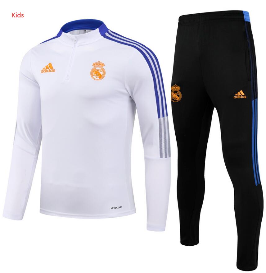 Kids 2021/22 Real Madrid White Training Kits Youth Sweater with Pants